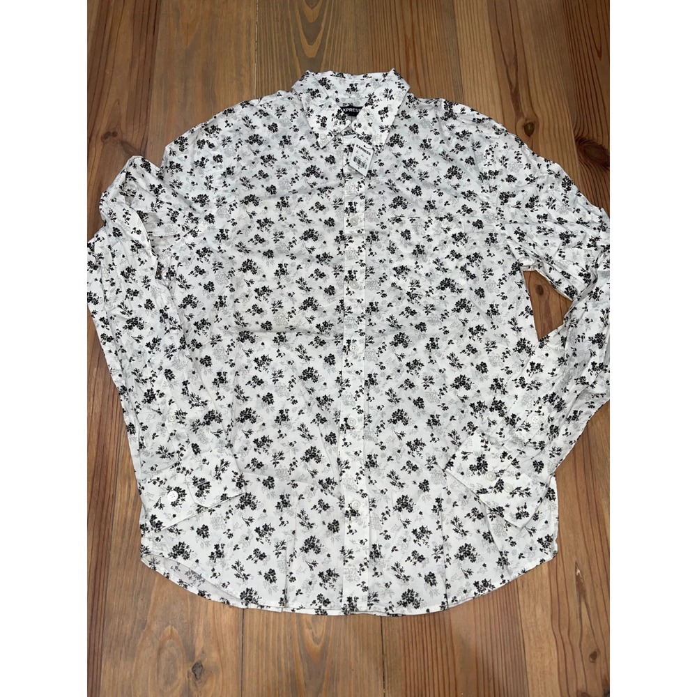 Express Mens Floral Button Down Shirt White Black Long Sleeve Small 021761305